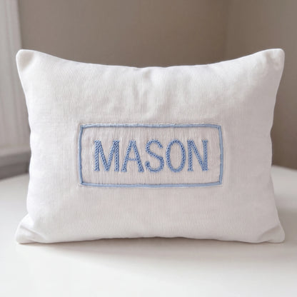 White with Blue Name Smocked Infant Pillow Case
