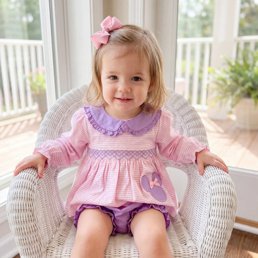 Pink & Lavender Mouse Smocked Diaper Set