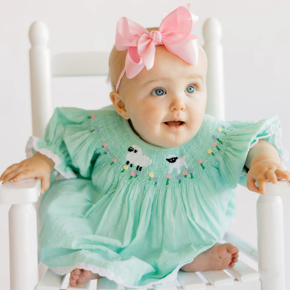 Mint Swiss Dot Smocked Sheep Diaper Set