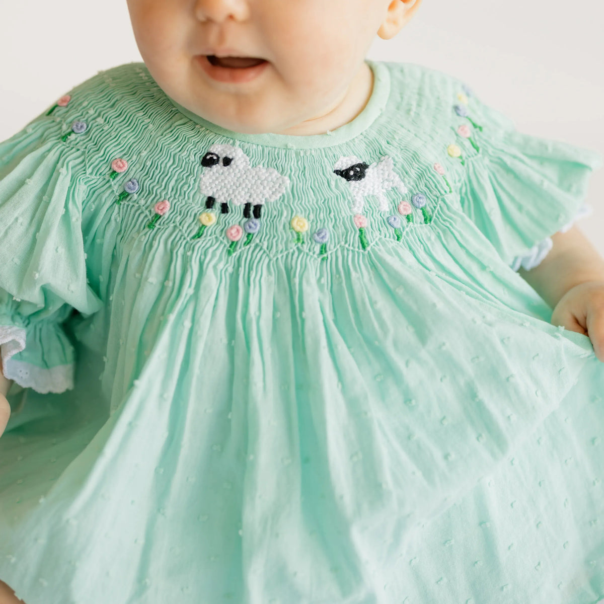 Mint Swiss Dot Smocked Sheep Diaper Set