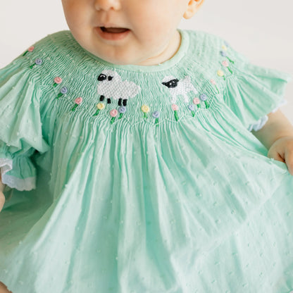 Mint Swiss Dot Smocked Sheep Diaper Set