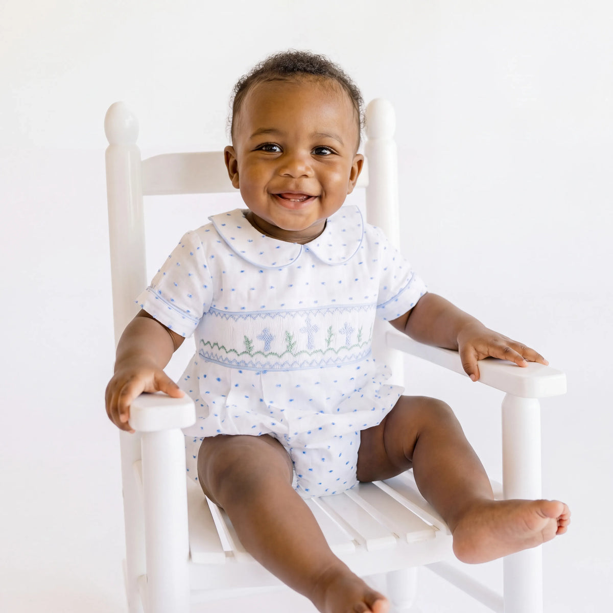 Boys Blue Swiss Dot Smocked Crosses Bubble