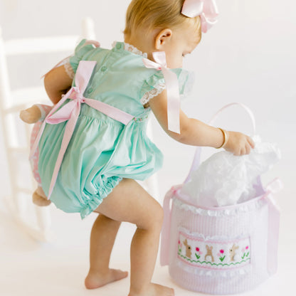 Pink Seersucker Smocked Bunnies & Tulips Basket