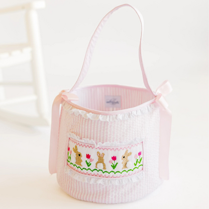 Pink Seersucker Smocked Bunnies & Tulips Basket