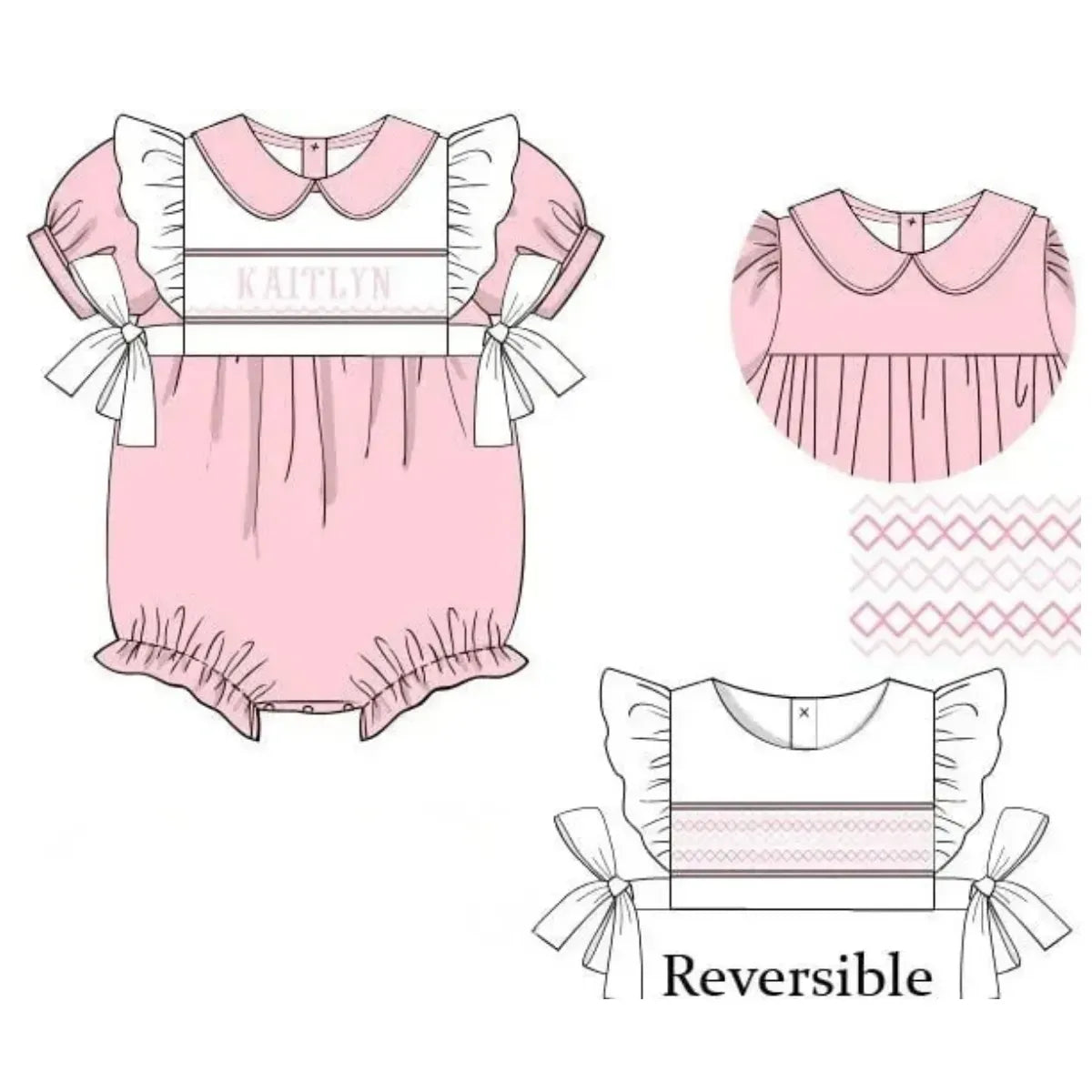 Pink Reversible Bib Name Smocked Bubble