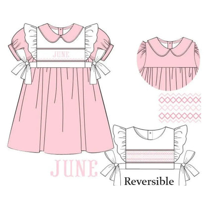 Pink Reversible Bib Name Smocked Dress