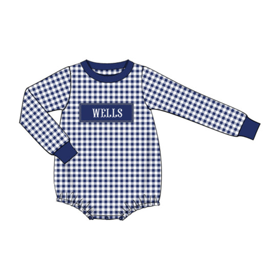 BOYS NAVY GINGHAM KNIT NAME SMOCKED BUBBLE