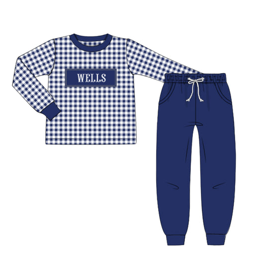 BOYS NAVY GINGHAM KNIT NAME SMOCKED JOGGER SET
