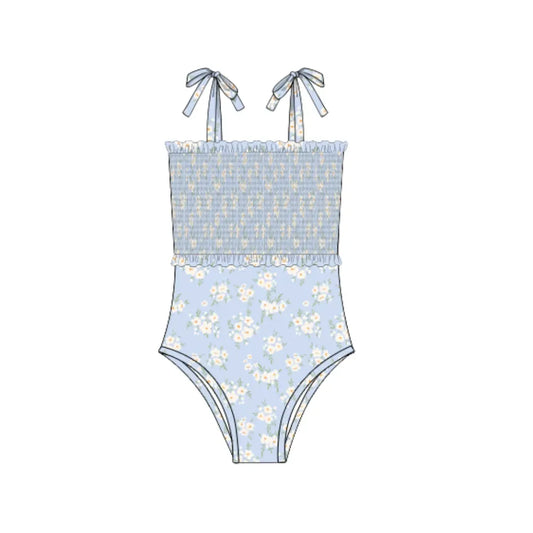 Womans Powder Blue Petals 1PC Smocked Swim
