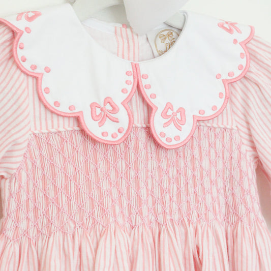 PINK PINSTRIPED BOW COLLAR SMOCKED DRESS