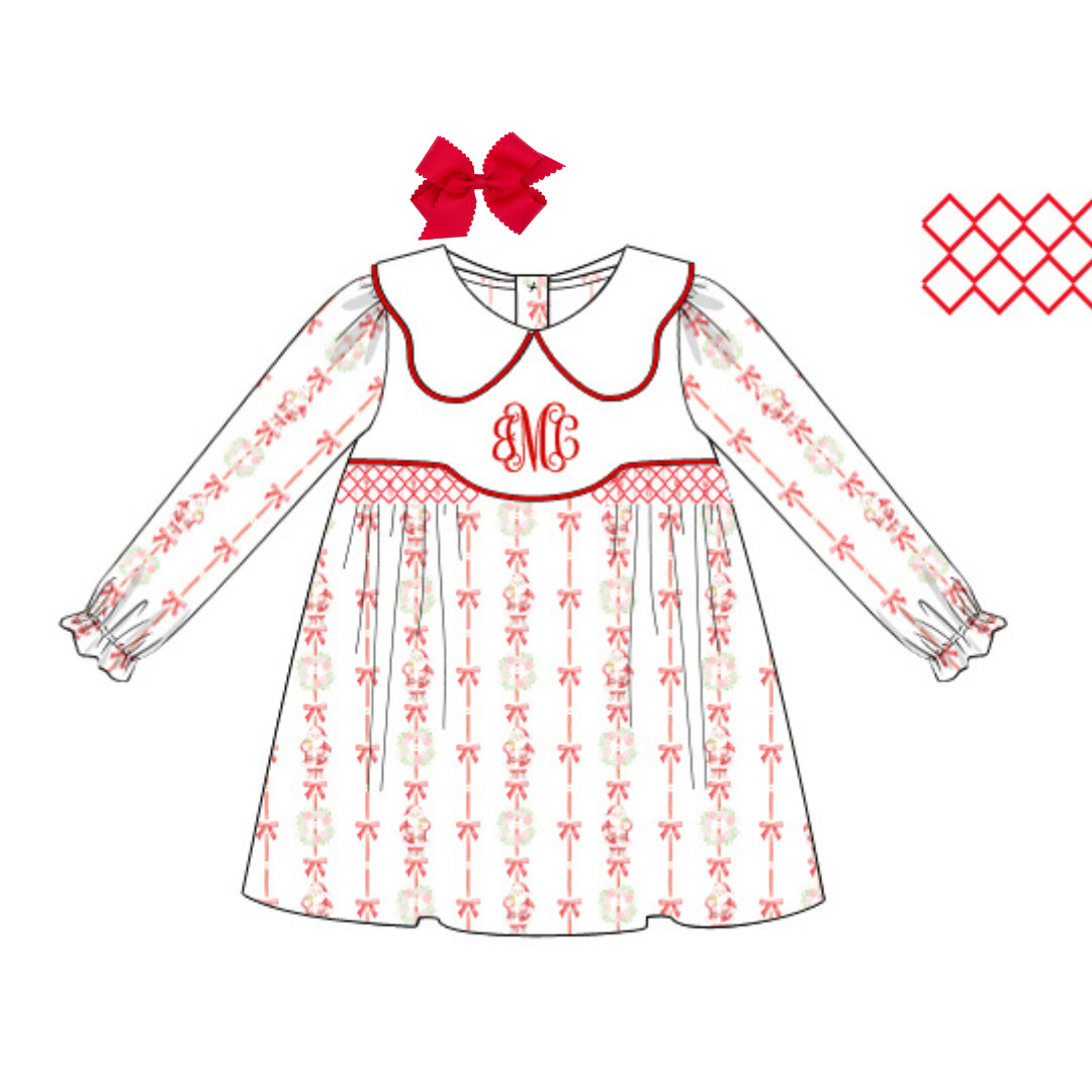 SANTAS & BOWS SMOCKED KNIT DRESS