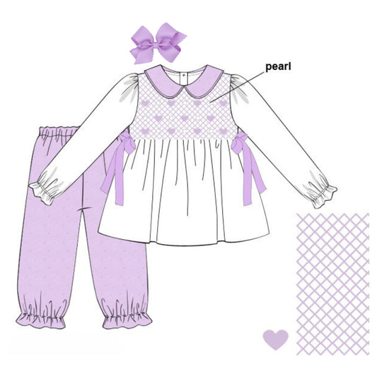 LAVENDER SMOCKED HEARTS SWISS DOT PANT SET