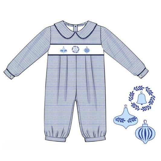 BOYS BLUE ORNAMENT SMOCKED ROMPER