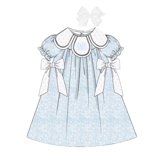BLUE FLORAL & SWISS DOT PETAL COLLAR DRESS