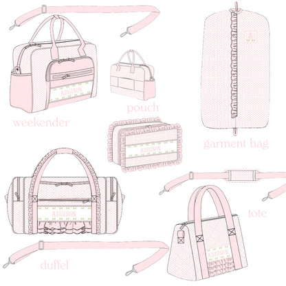 PINK BITTY DOT ROSETTE NAME SMOCKED LUGGAGE