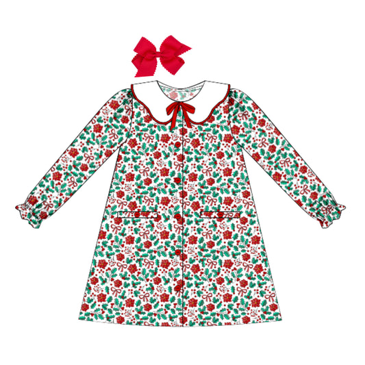 CHRISTMAS FLORAL SCALLOPED COLLAR KNIT DRESS