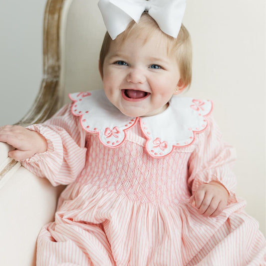 PINK PINSTRIPED BOW COLLAR SMOCKED ROMPER