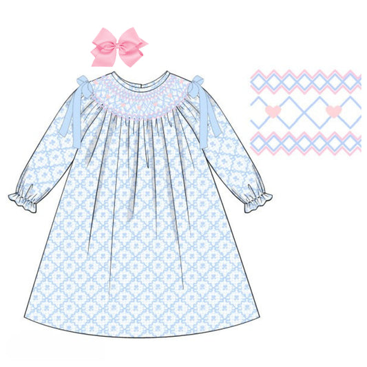 BLUE & PINK HEARTS GEOMETRIC SMOCKED BISHOP DRESS