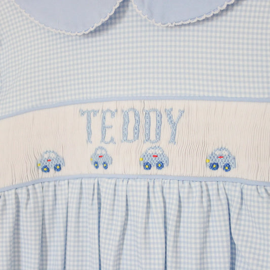 BLUE GINGHAM CARS NAME SMOCKED GOWN