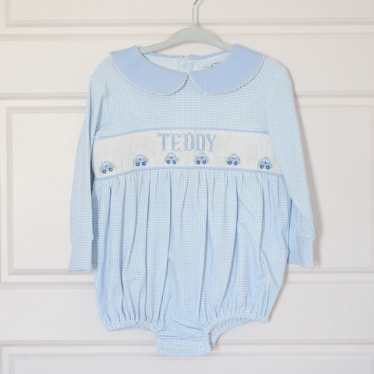 BLUE GINGHAM CARS NAME SMOCKED BUBBLE