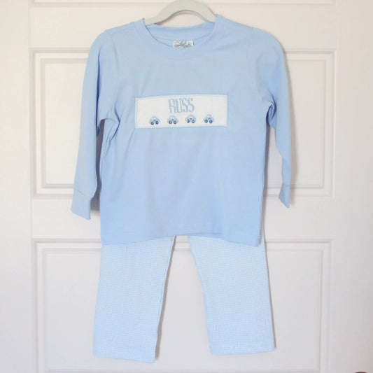 BLUE GINGHAM CARS NAME SMOCKED PANT SET