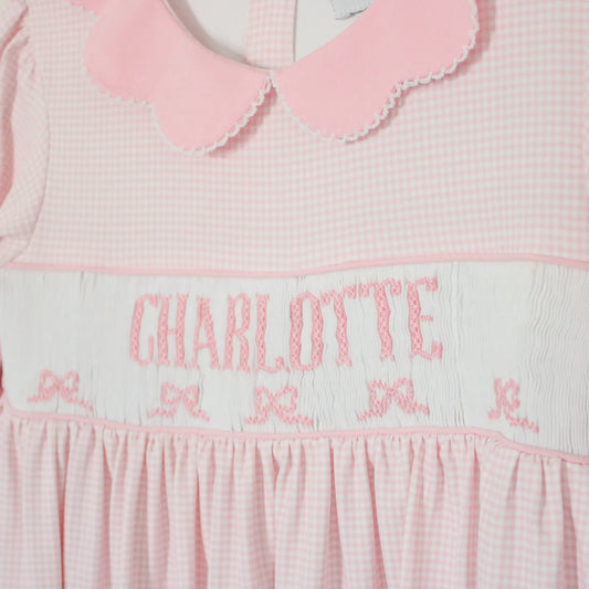 PINK GINGHAM BOWS NAME SMOCKED DRESS