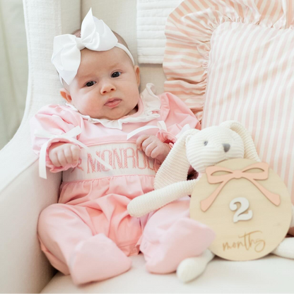 PINK KNIT BOW NAME SMOCK FOOTIE