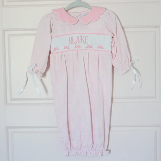 PINK GINGHAM BOWS NAME SMOCKED INFANT GOWN
