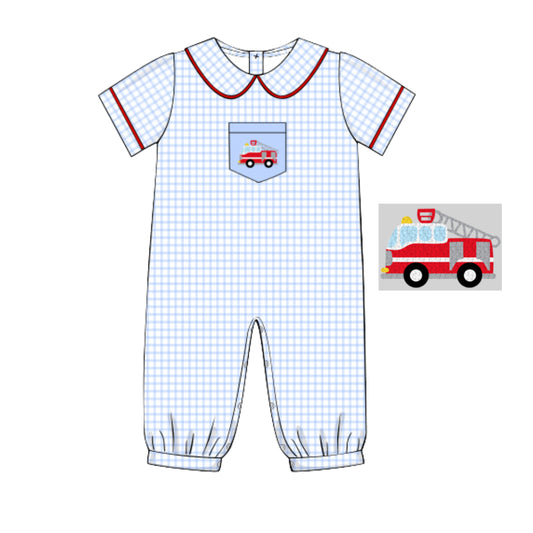 WINDOWPANE FRENCH KNOT FIRE TRUCK ROMPER