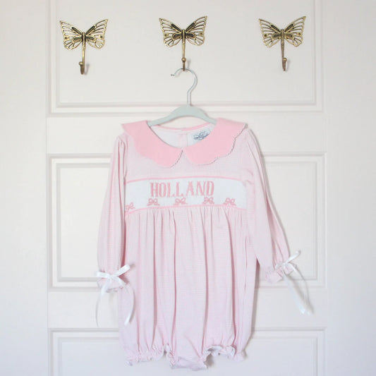 PINK GINGHAM BOWS NAME SMOCKED BUBBLE