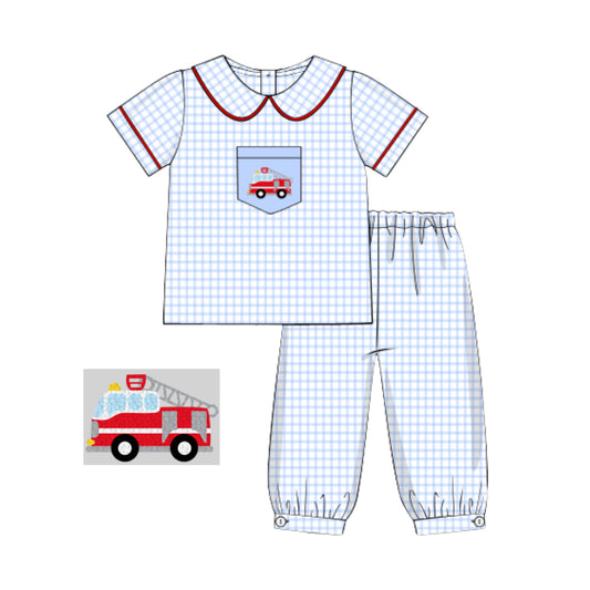 WINDOWPANE FRENCH KNOT FIRETRUCK BANDED PANT SET