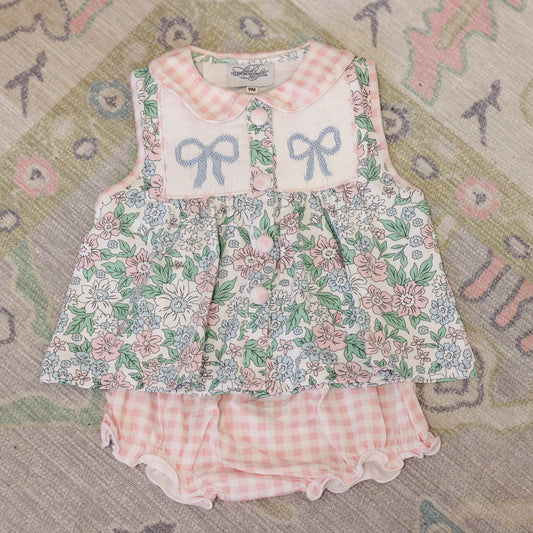 GINGHAM & FLORAL SMOCKED BOWS DIAPER SET