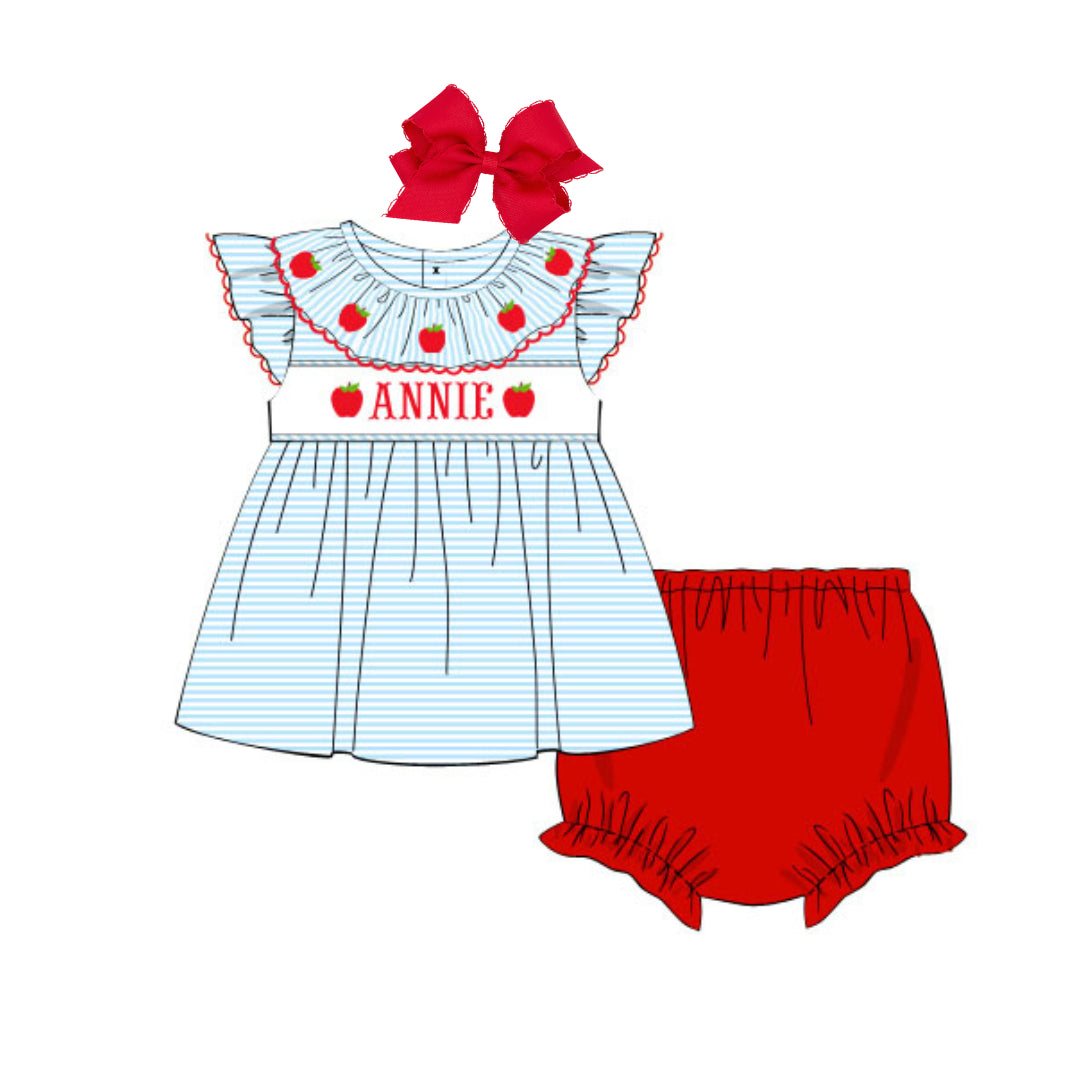 APPLE RUFFLE COLLAR NAME SMOCK DIAPER SET