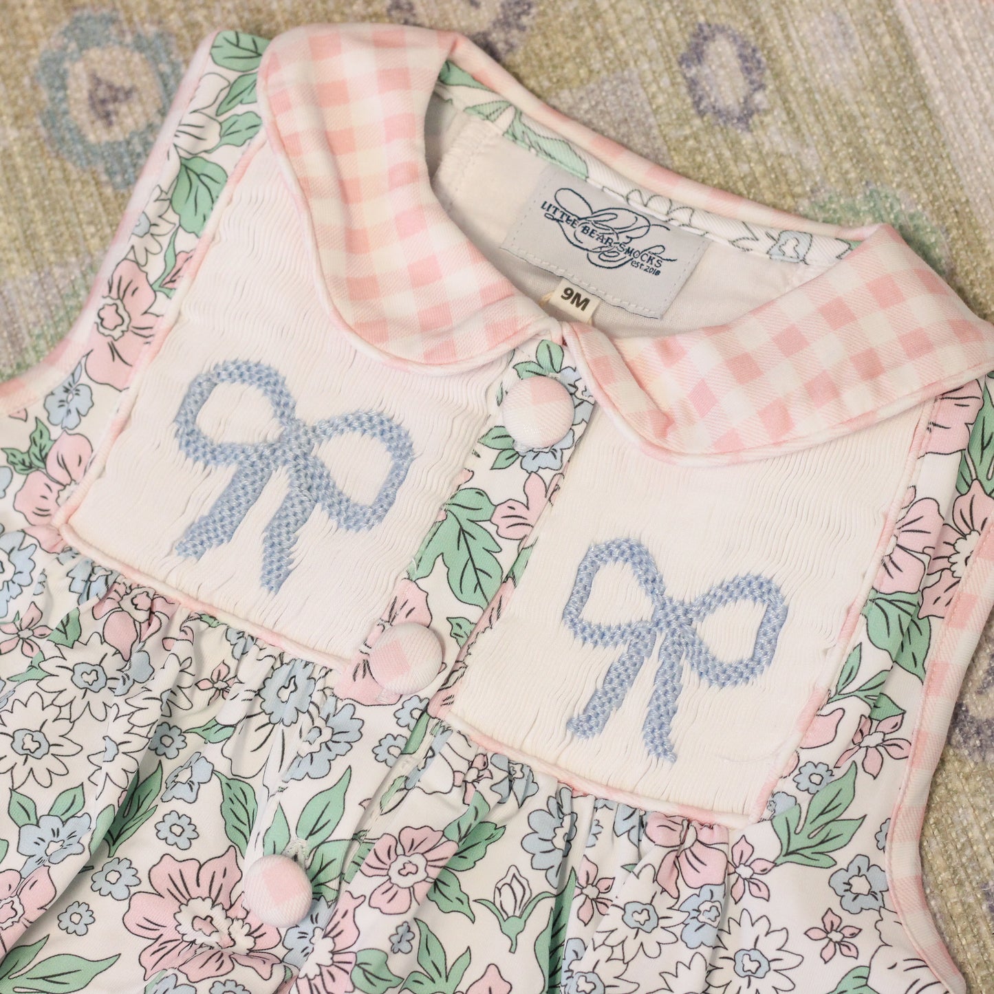 GINGHAM & FLORAL SMOCKED BOWS DIAPER SET
