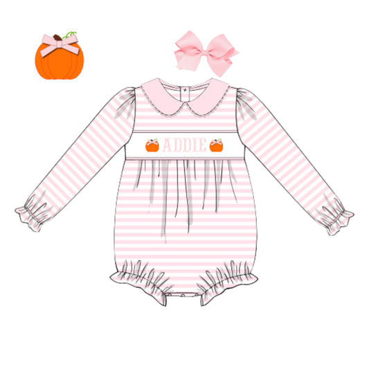 PINK STRIPED PUMPKIN NAME SMOCKED BUBBLE