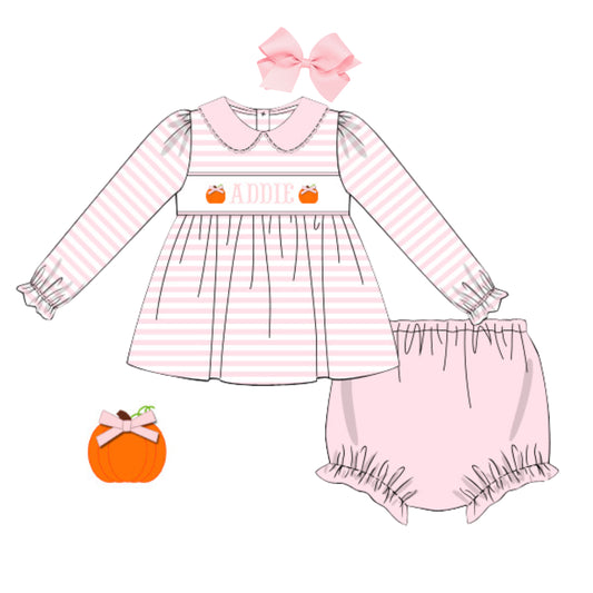 PINK STRIPED PUMPKIN NAME SMOCKED DIAPER SET