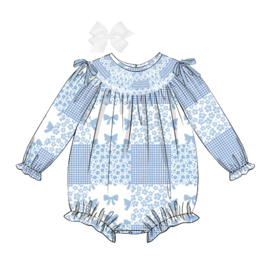 BLUE PATCHWORK GEOMETRIC SMOCKED BUBBLE