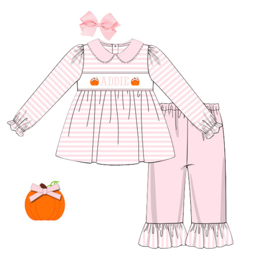 PINK STRIPED PUMPKINS NAME SMOCKED PANT SET