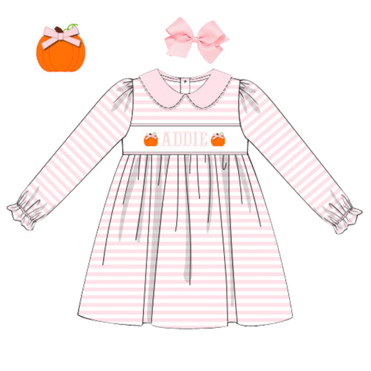 PINK STRIPED PUMPKINS NAME SMOCKED DRESS