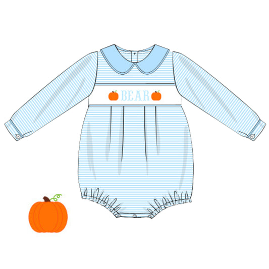 BLUE STRIPED PUMPKIN NAME SMOCKED BUBBLE