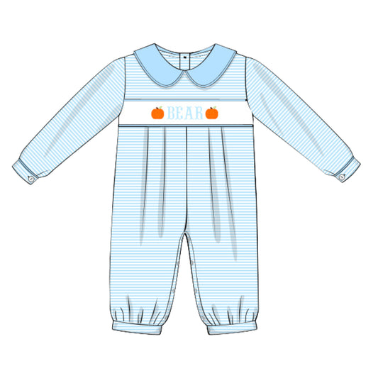 BLUE STRIPED PUMPKIN NAME SMOCKED ROMPER