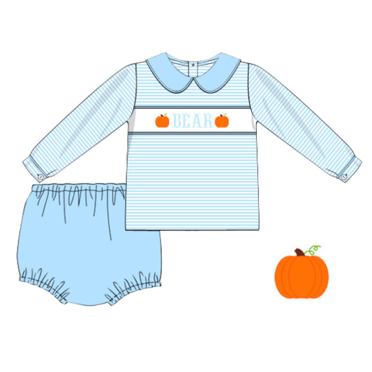 BLUE STRIPED PUMPKIN NAME SMOCKED DIAPER SET