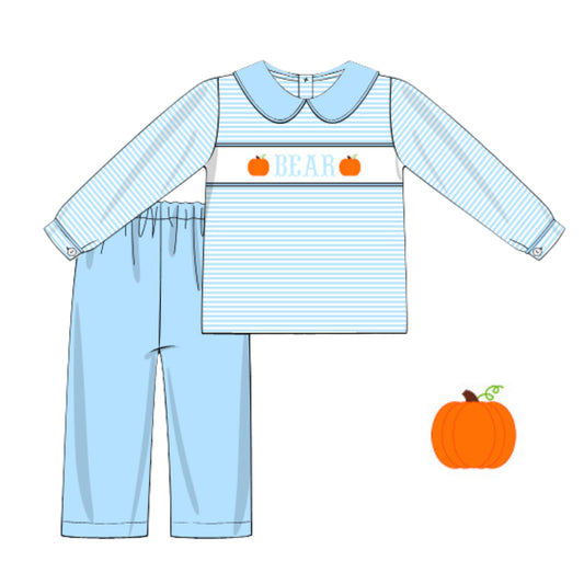 BLUE STRIPED PUMPKIN NAME SMOCKED PANT SET