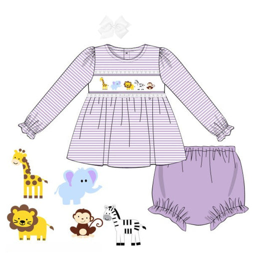 GIRLS SMOCKED ZOO DIAPER SET