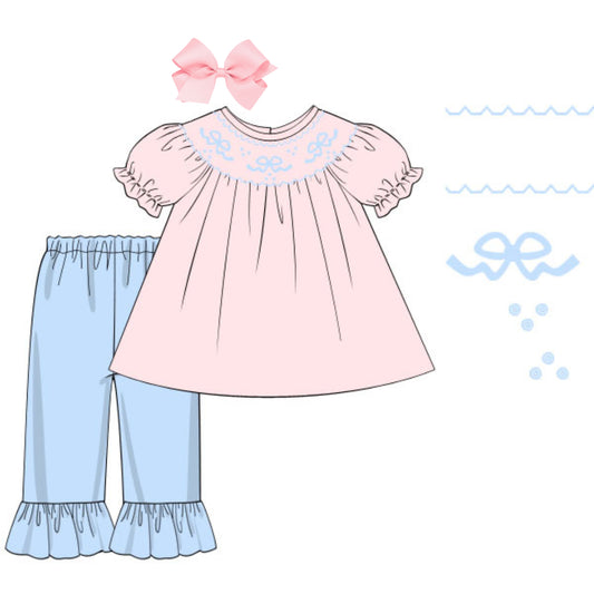 PINK & BLUE SMOCKED BOWS PANT SET