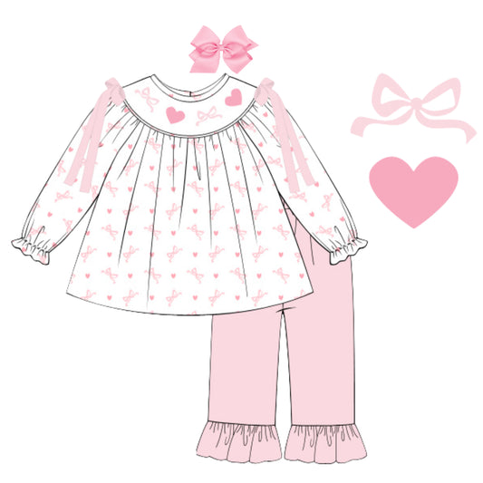 SMOCKED HEARTS & BOWS RUFFLE PANT SET