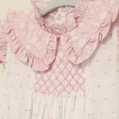 PINK SWISS DOT & FLORAL SMOCKED BUBBLE