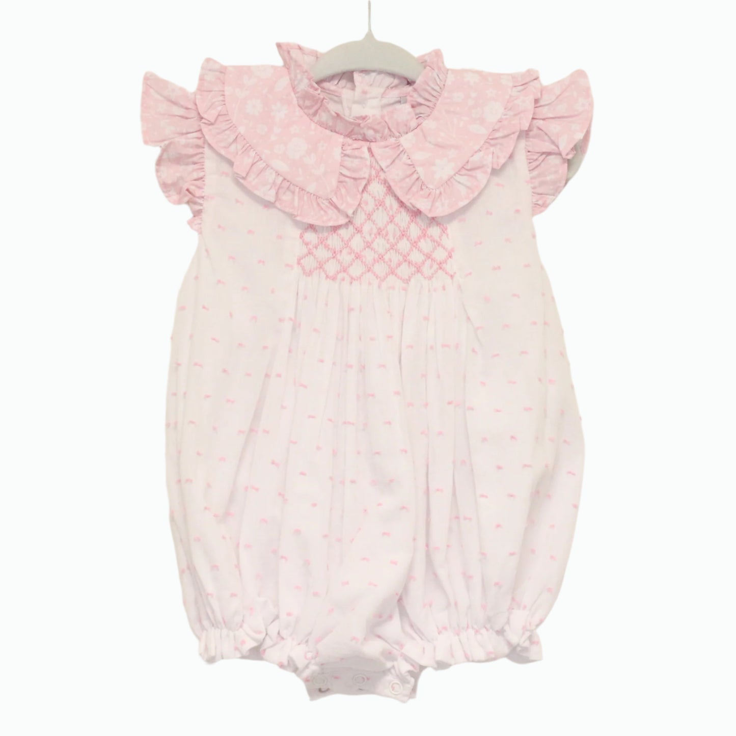 PINK SWISS DOT & FLORAL SMOCKED BUBBLE