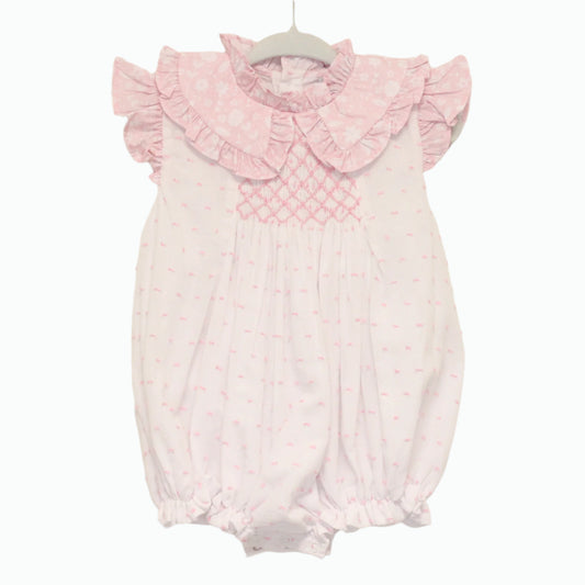 PINK SWISS DOT & FLORAL SMOCKED BUBBLE