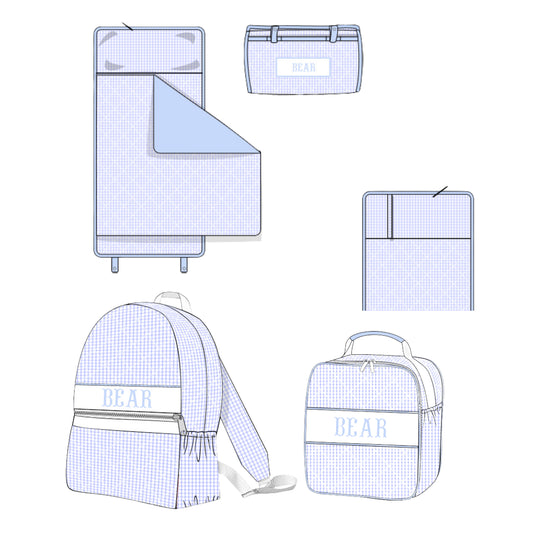 BLUE GINGHAM NAME SMOCK LUGGAGE